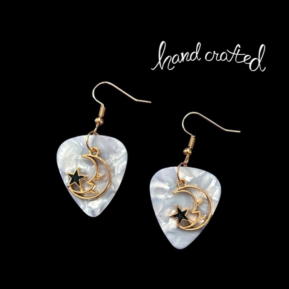 Hand Crafted Earrings Repurposed Guitar Picks Man in the Moon Starry Night NIP - Picture 1 of 9